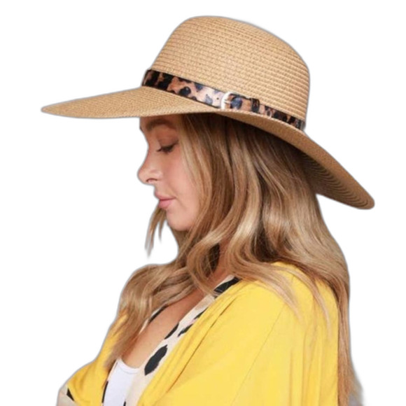 NEW Wide Brim Black Floppy Sunhat with Leopard Belted Trim Straw Natural - Picture 1 of 3
